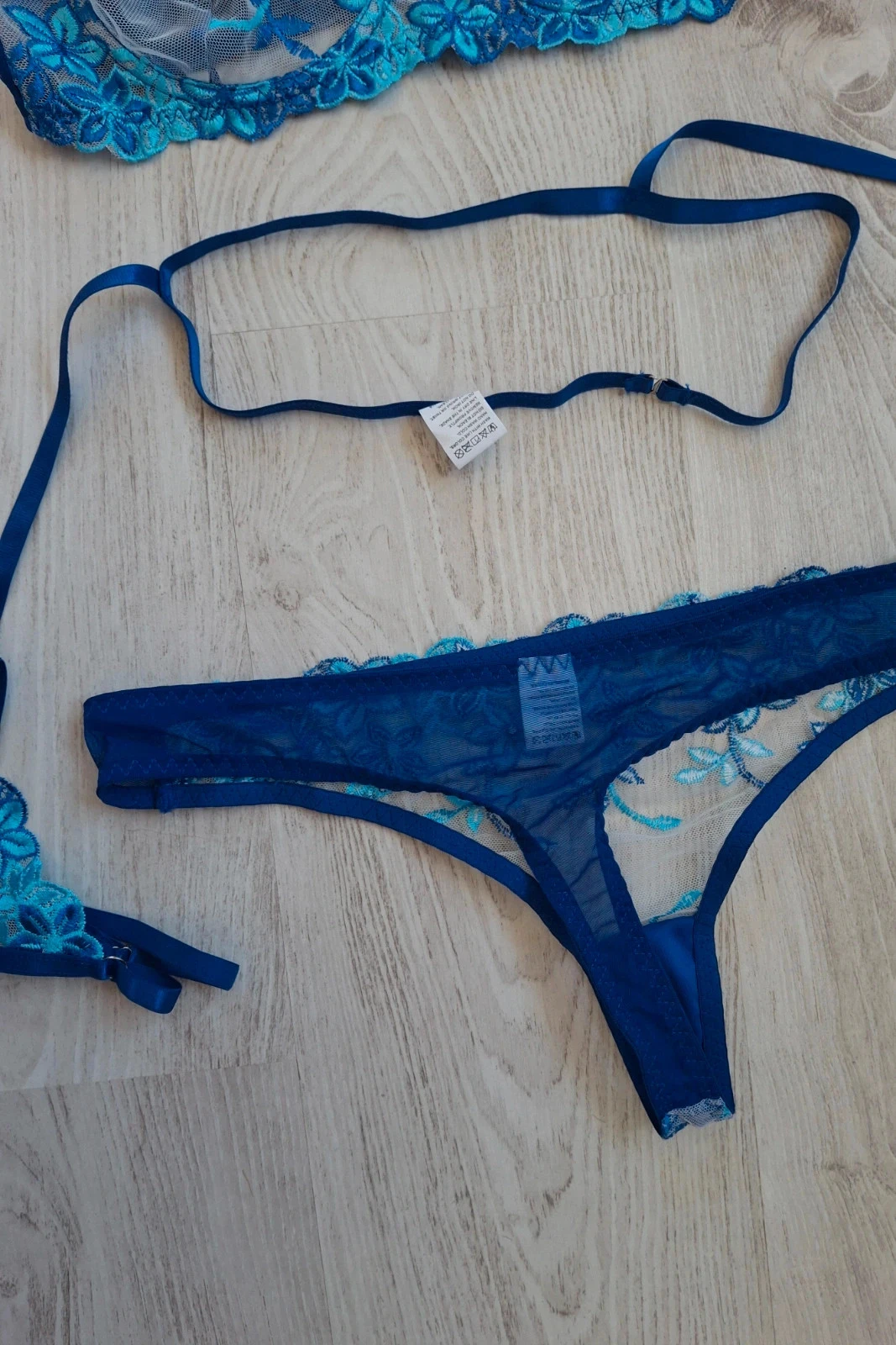 💙 Conjunto de lencería para mujer de 3 piezas azul con flores/transparente/blanco – Talla L – NUEVO – photo 11
